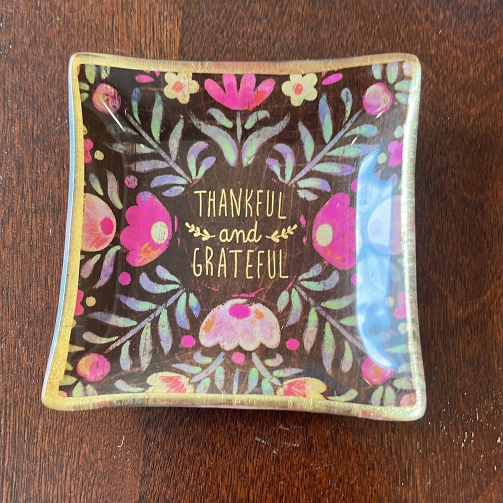 Natural Life Floral Thankful and Grateful Glass Mini Tray, NWT